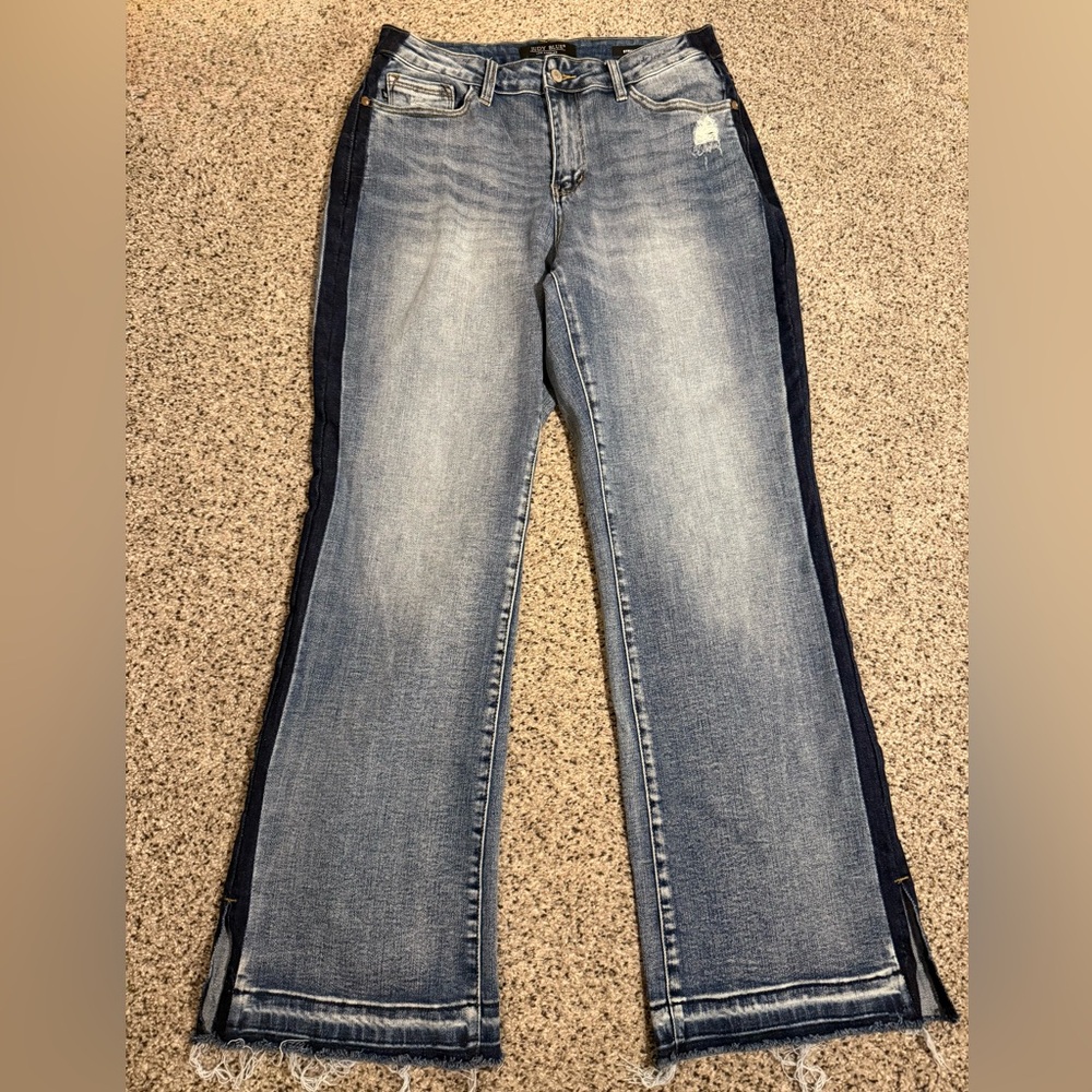 Judy Blue Women’s High-Waist Side Stripe Frayed Hem Side Slit Straight Jeans 14W